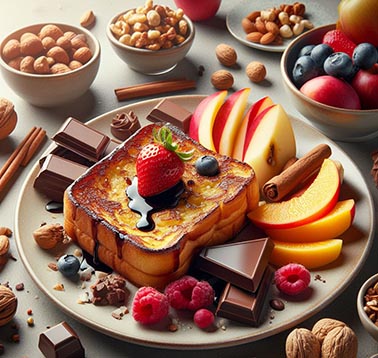 Una torrija al lado de un plato con chocolate, otro plato con frutos secos, otro plato con fruta